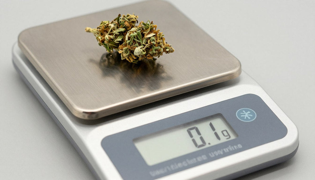 Digitale Feinwaage mit Cannabis-Blüten auf präziser Wiegefläche