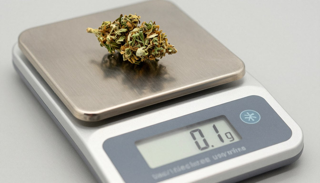 Digitale Feinwaage mit Cannabis-Blüten auf präziser Wiegefläche