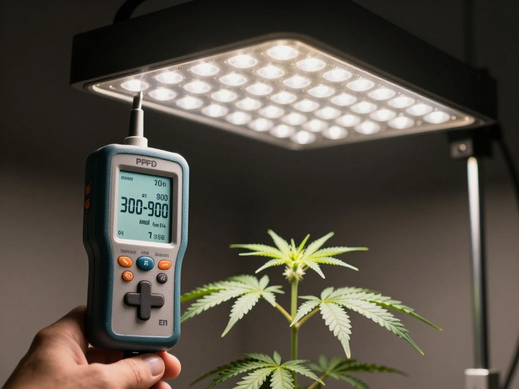PPFD-Messung einer LED Grow Lampe mit Messgerät und Pflanze im Grow Lampen Test