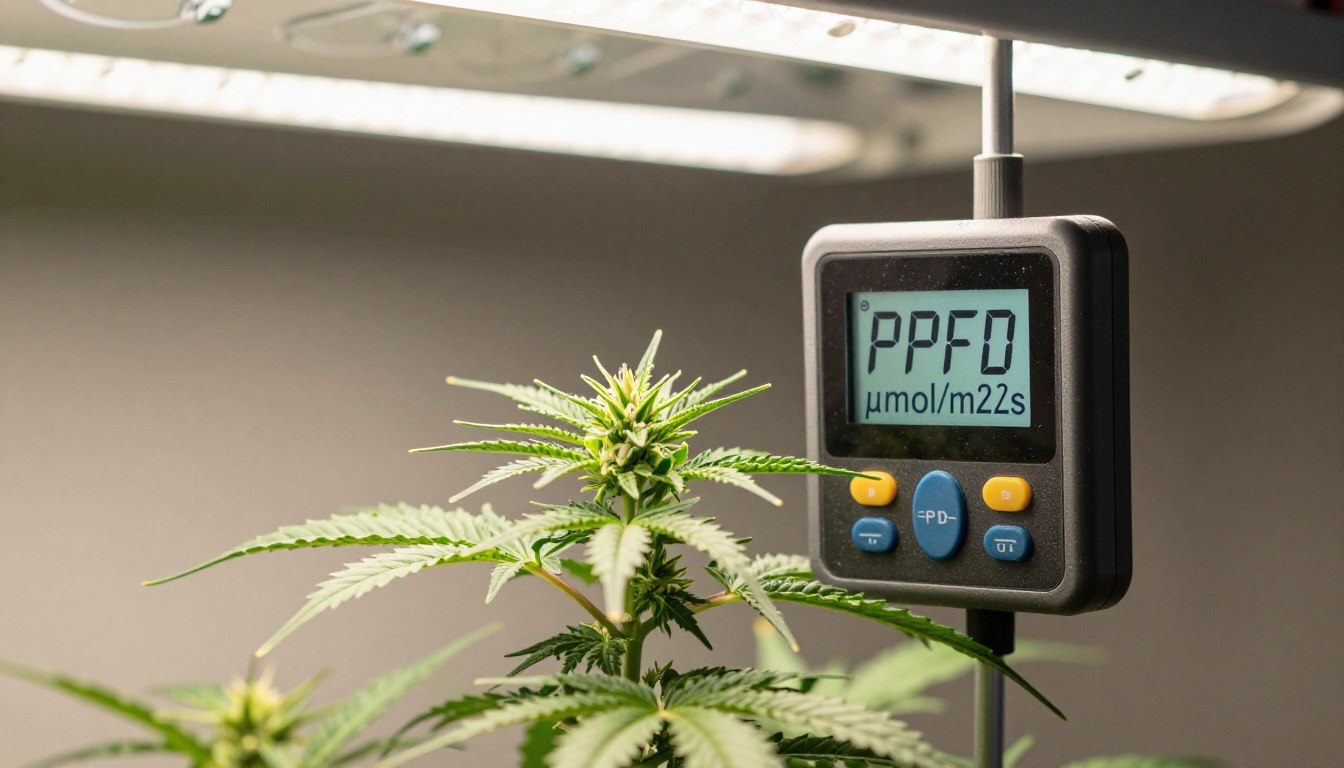 PPFD-Messung über einer Cannabis-Pflanze mit einem Quantum-Sensor
