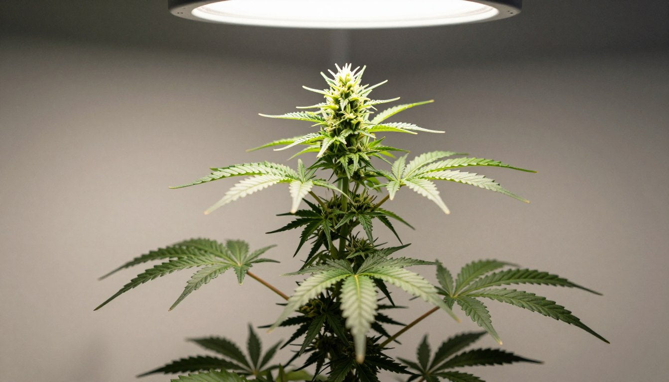 Cannabis Lichtzyklus Übersicht mit Pflanze unter Grow-Lampe