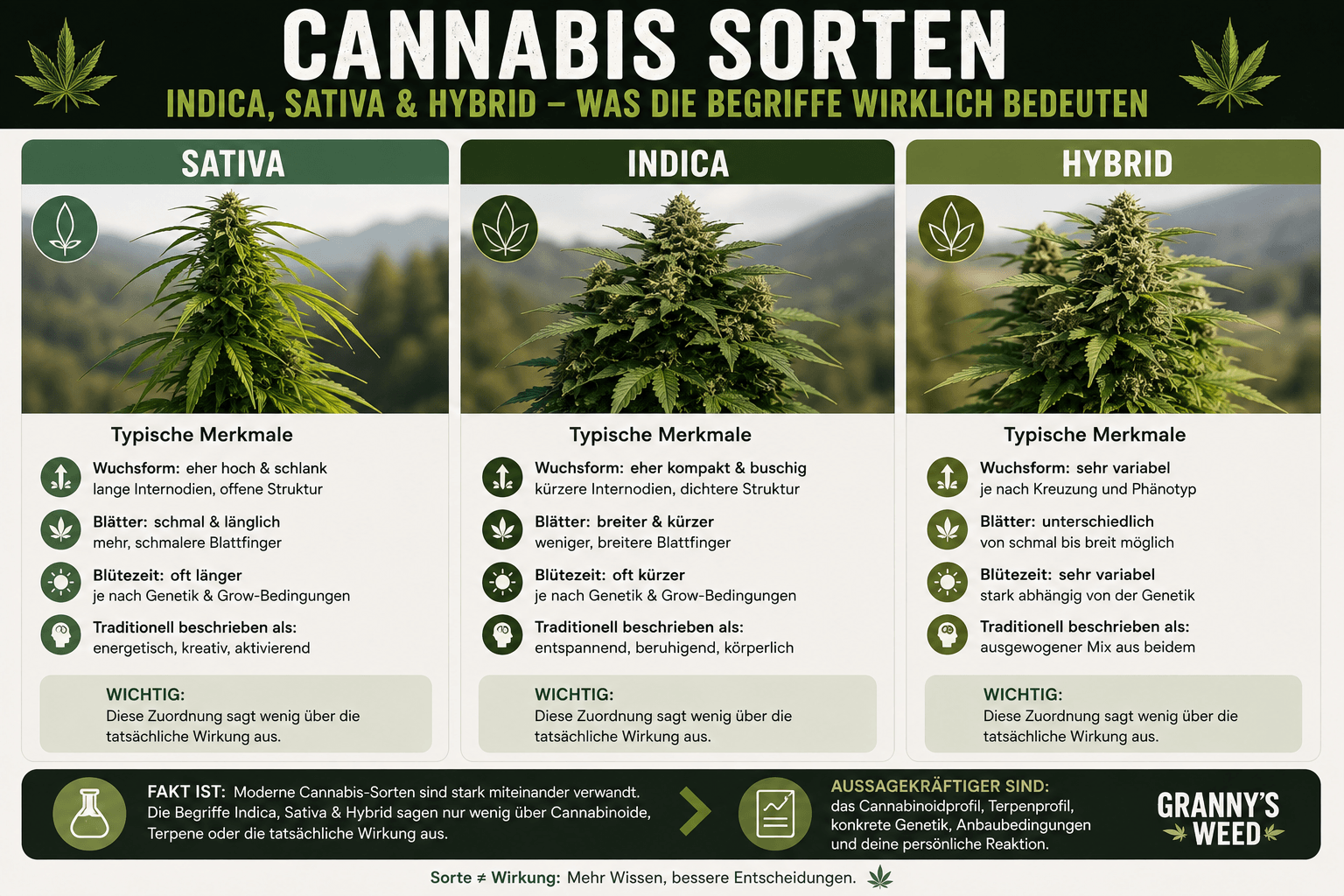 Cannabis Sorten: Indica, Sativa &amp; Hybrid – was die Begriffe wirklich bedeuten