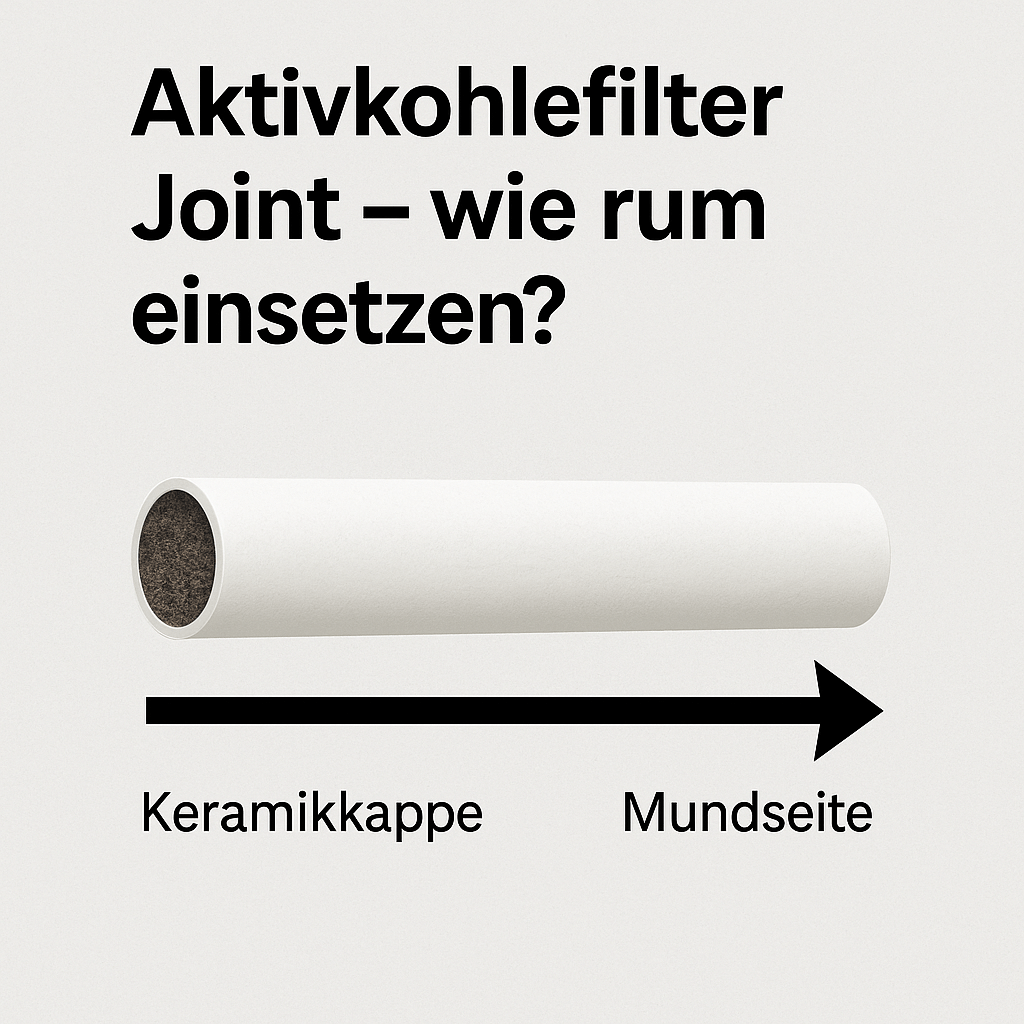 Illustration: Aktivkohlefilter im Joint richtig einsetzen – Keramikkappe zeigt zur Mundseite, offenes Ende zum Material, mit Pfeilmarkierung