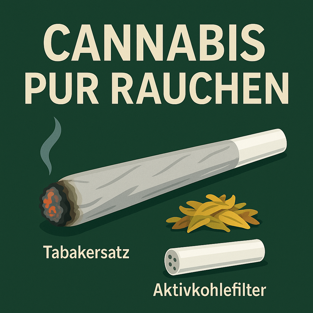 Illustration eines puren Joints ohne Tabak mit Aktivkohlefilter und Tabakersatz-Kräutern auf grünem Hintergrund, mit Titel „Cannabis pur rauchen“.