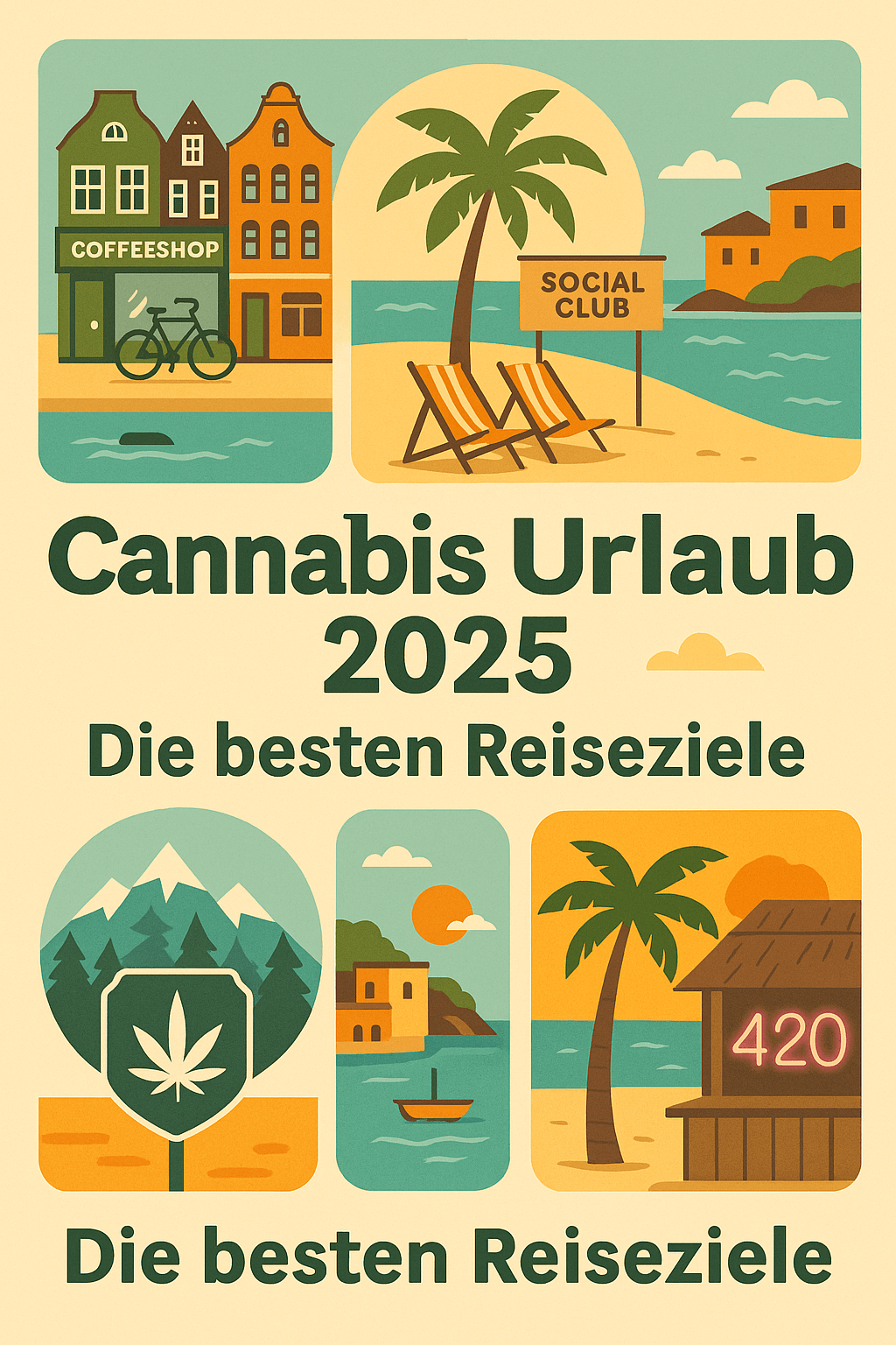 Illustration im Flat-Style mit Szenen aus Amsterdam, Spanien, Malta, Kanada und Thailand, die Coffeeshops, Social Clubs, Strände und Berge darstellen, mit dem Titel „Cannabis Urlaub 2025 – Die besten Reiseziele“. 