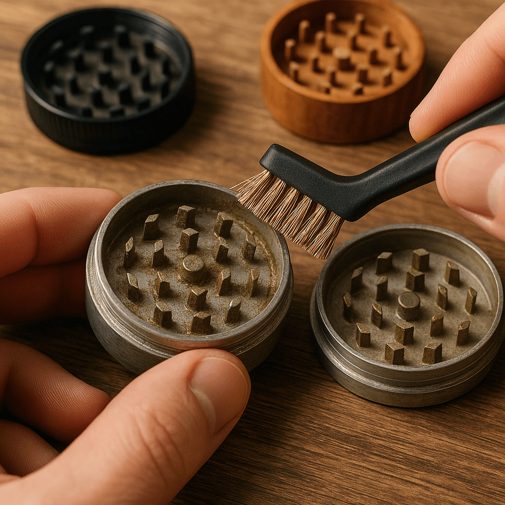 Nahaufnahme beim Grinder reinigen mit Bürste – Metallgrinder auseinandergebaut und Zähne ausgebürstet, Methoden für sauberen Grinder aus Metall, Holz oder Plastik