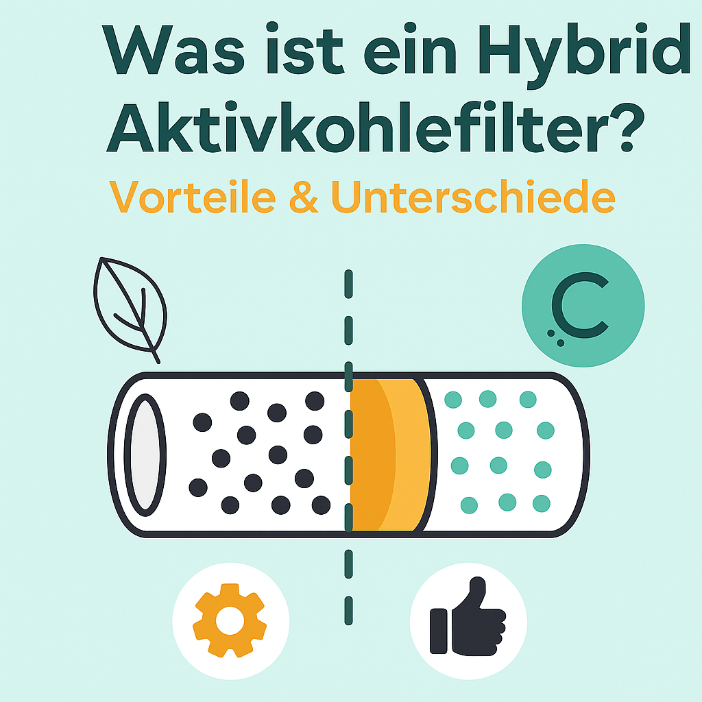 "Illustration zeigt den Aufbau eines Hybrid Aktivkohlefilters mit Kombination aus Zellulose- und Aktivkohlefilterelement – inklusive erklärender Icons und modernem Design.