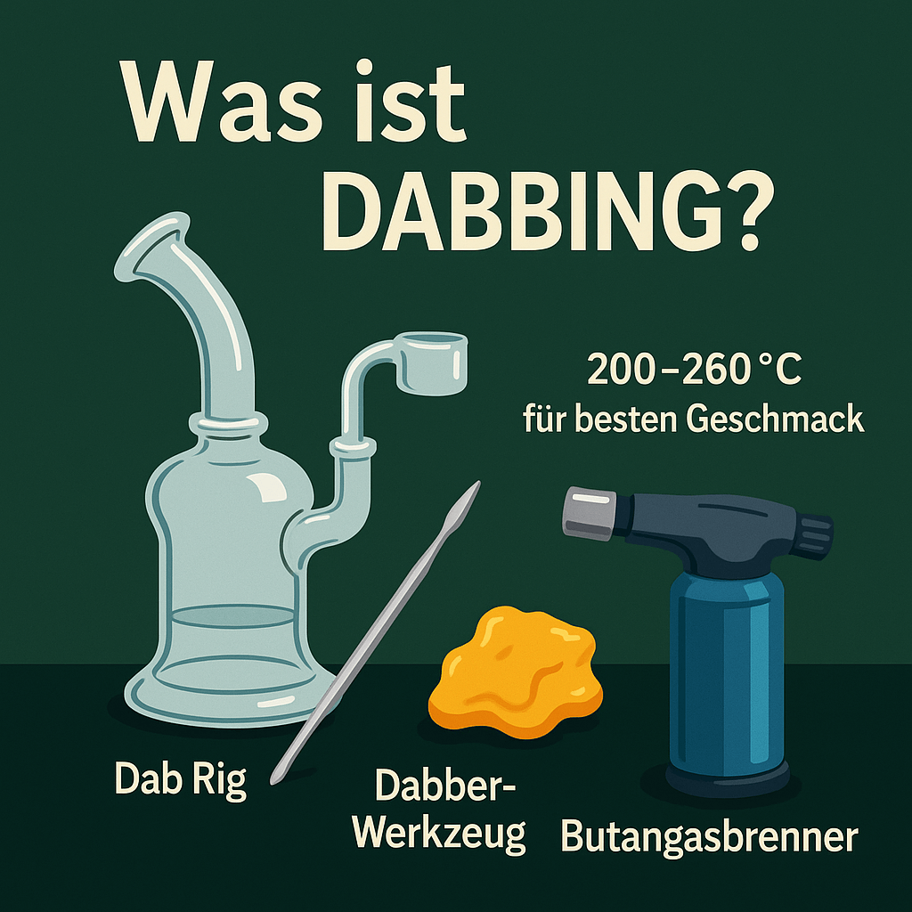 Illustration zum Thema „Was ist Dabbing?“ mit Dab Rig, Dab Tool, Cannabis-Konzentrat und empfohlener Temperatur von 200–260 °C für besten Geschmack