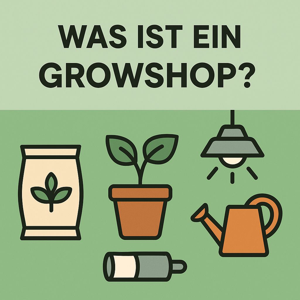 „Infografik mit Pflanzen, Lampen und Grow-Zubehör – erklärt, was ein Growshop ist und was man dort kaufen kann