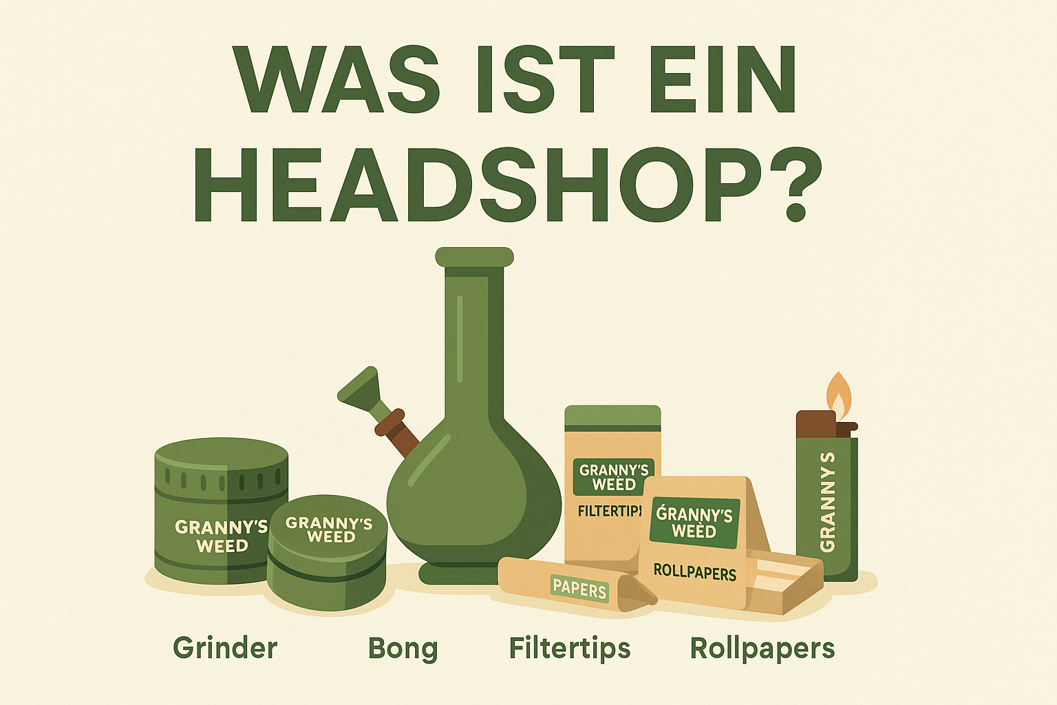 „Illustration erklärt, was ein Headshop ist – mit Symbolen für Papers, Grinder, Aktivkohlefilter und Online-Kauf in Deutschland“