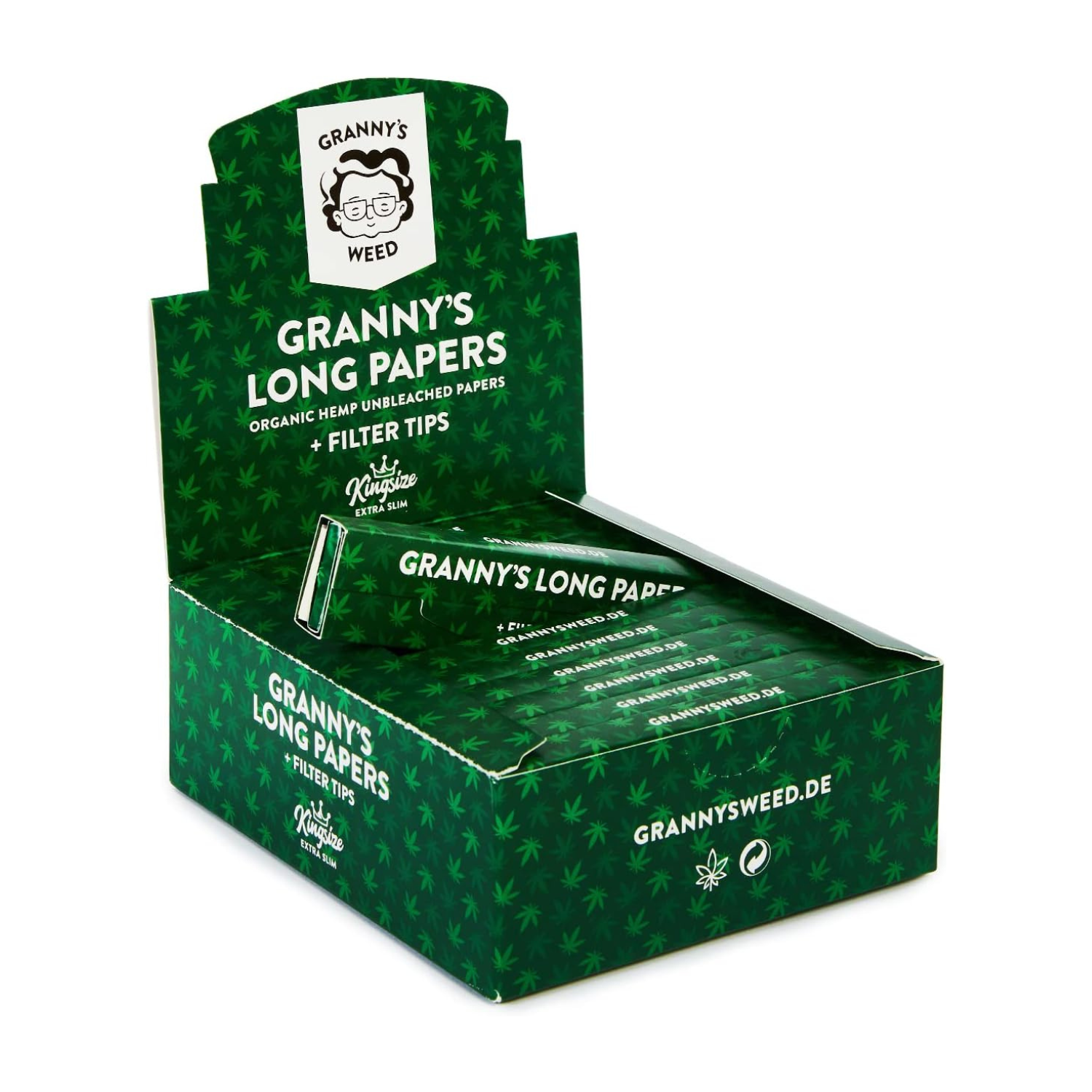 24x Granny's® Organic Long Papers ACHTUNG extra Slim aus Hanf mit Filtertips | King Size | 36 Blatt ungebleicht | 110 x 36 mm | 36 Tips aus Baumwolle | Sticky Papers mit Tips - Grannys Weed