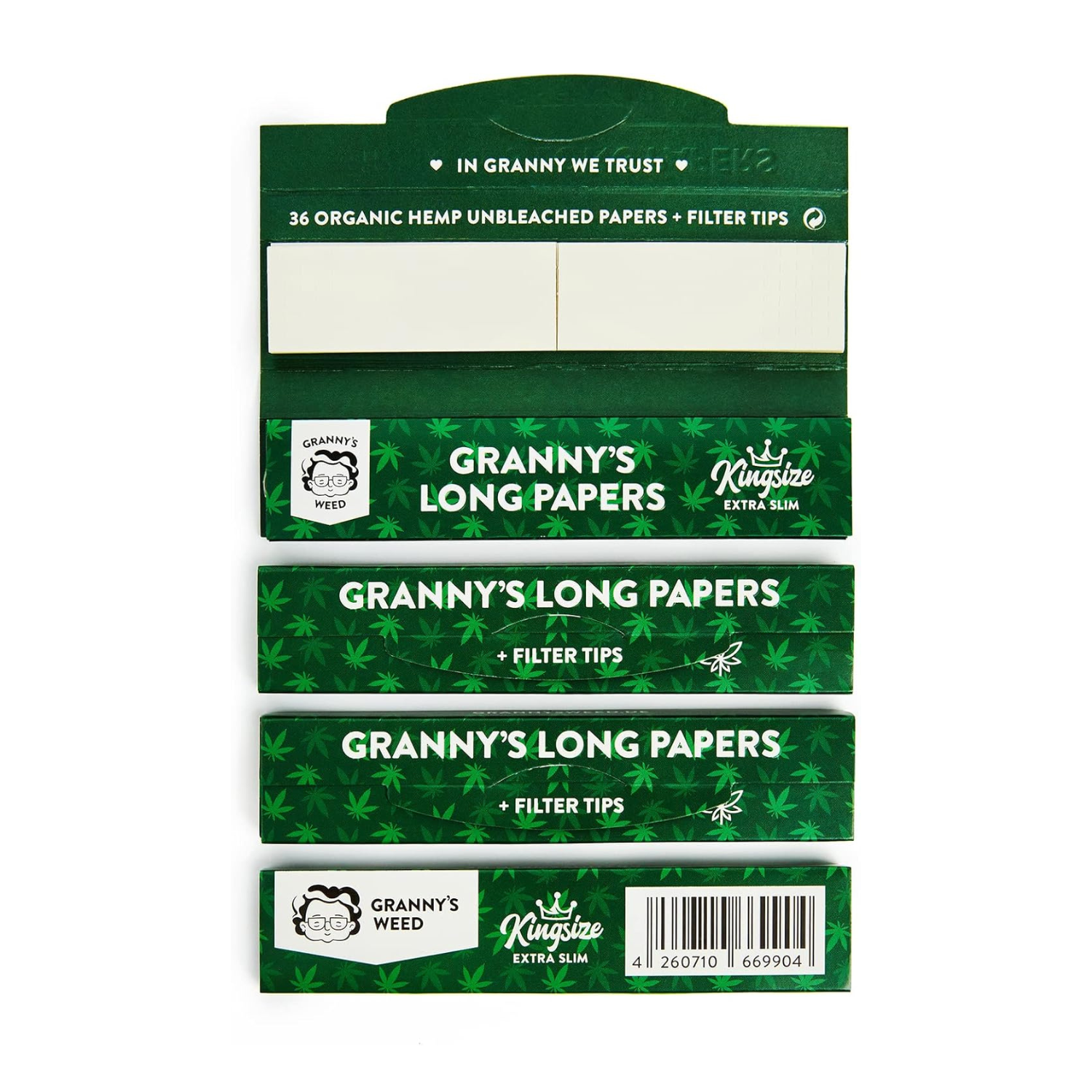 24x Granny's® Organic Long Papers ACHTUNG extra Slim aus Hanf mit Filtertips | King Size | 36 Blatt ungebleicht | 110 x 36 mm | 36 Tips aus Baumwolle | Sticky Papers mit Tips - Grannys Weed