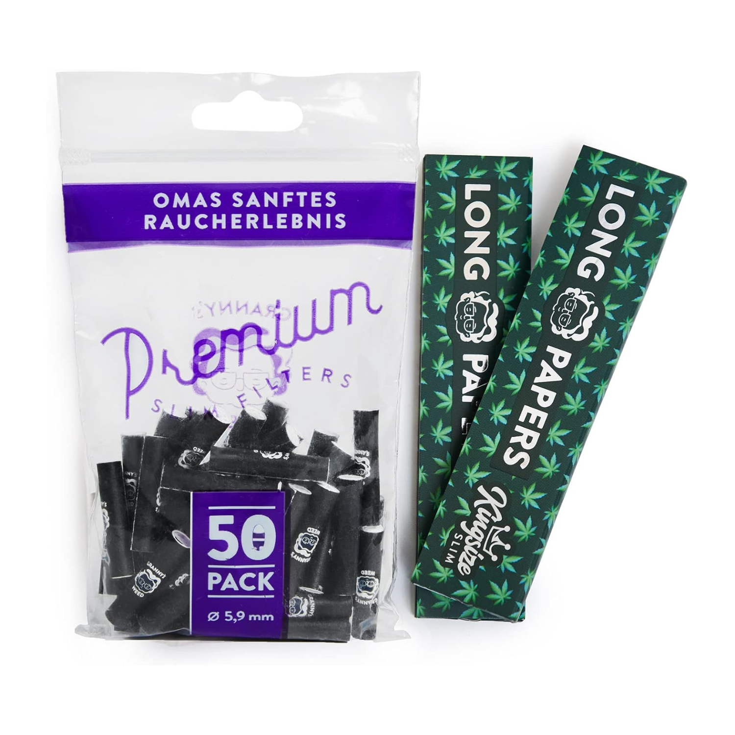 Granny's® Exclusive Slim Aktivkohlefilter 50 Stück & 2 Hanf Long Papers 36 Blatt | Ø 5.9 mm Filtertips | 108 x 45 mm organic King Size Long Papers | Kohlefilter für Selbstdreher