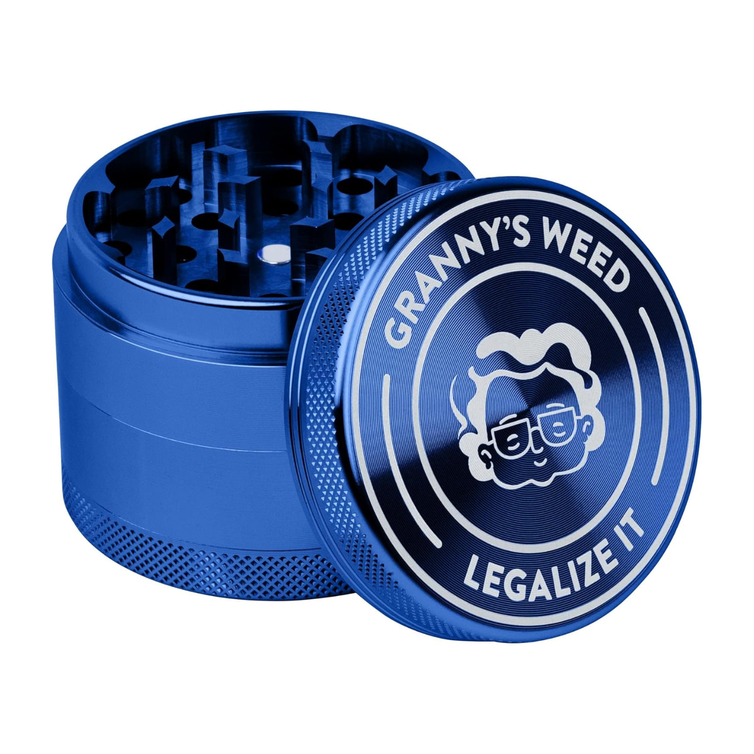 Granny‘s® Premium Aluminium Grinder | messerscharfes Mahlwerk | ∅ 5,5 cm | 4-teilig | inkl. Pollenschieber | Kräutermühle in Blau u. weiteren edlen Designs | Geschenkset Grinder