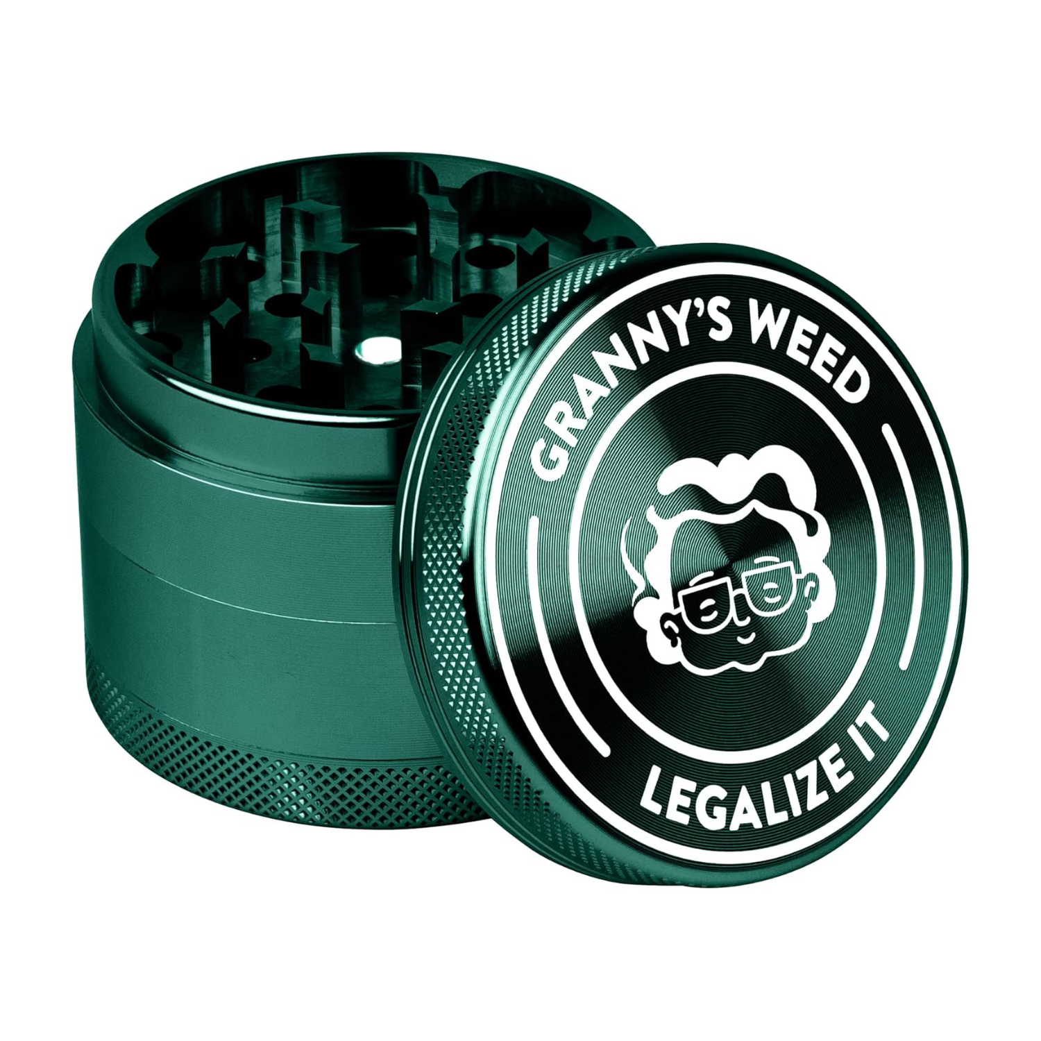 Granny‘s ® Premium Aluminium Grinder | messerscharfes Mahlwerk | ∅ 6,3 cm | 4-teilig | inkl. Pollenschieber | Kräutermühle in Grün | Geschenkset Grinder - Grannys Weed