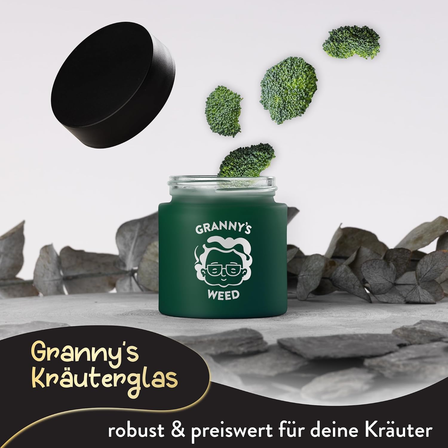 Granny's® Premium Stash Jar | Omas Kräuterglas | Bis zu 8 Gramm Fassungsvermögen | Grün | 100% Geruchsdicht | UV-Schutz Garantie | Geschenke-Set | Mit Kindersicherung im Deckel | 120 ml | Brokkoliglas