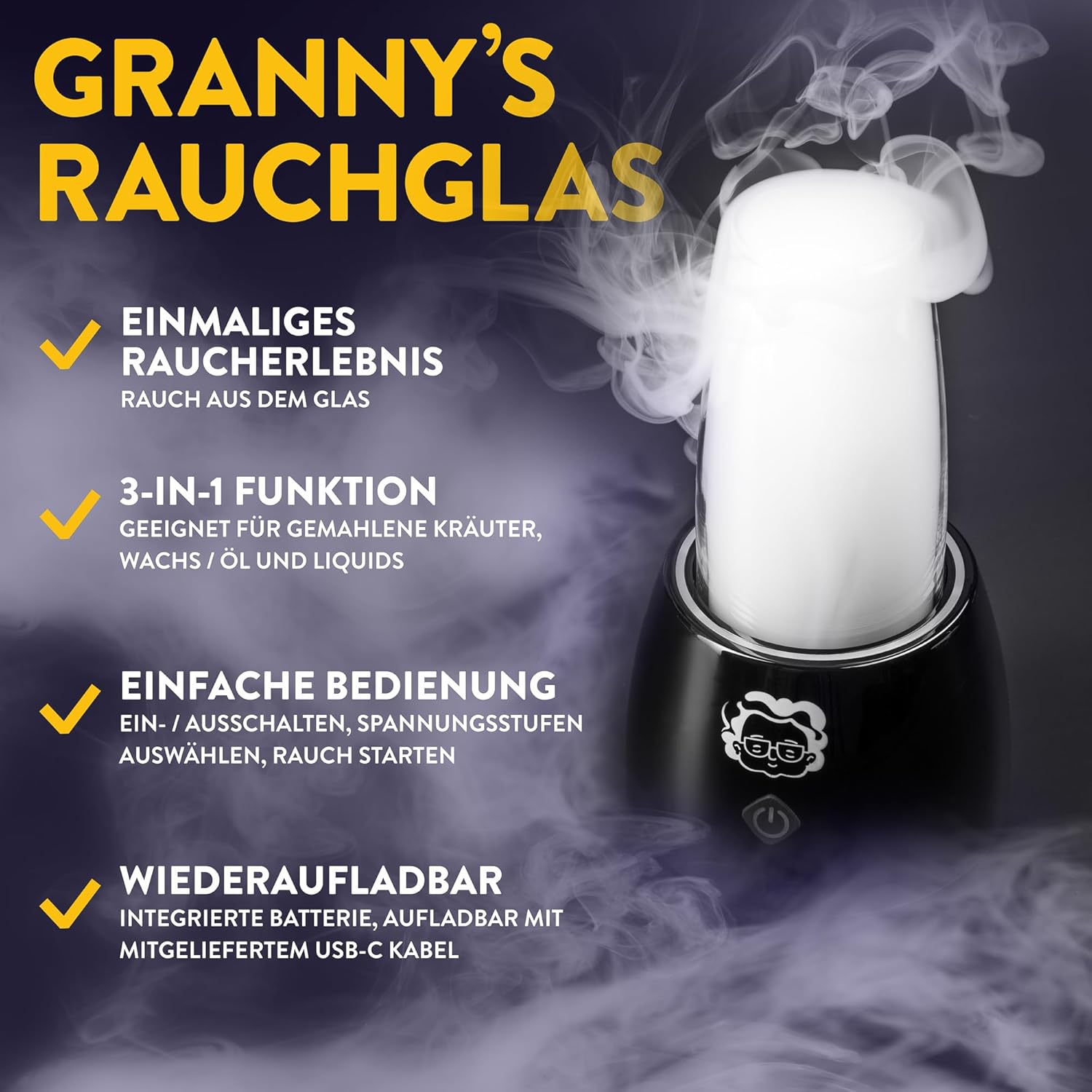 Grannys® Kräuter-Rauchglas | Edles Glas mit LED-Beleuchtung | Für Blüten, Wax, Carts | Ultimatives Erlebnis | Verdampfer für Wax | Elektrobong für Kräuter | Kein Nikotin | Vapo-Bong