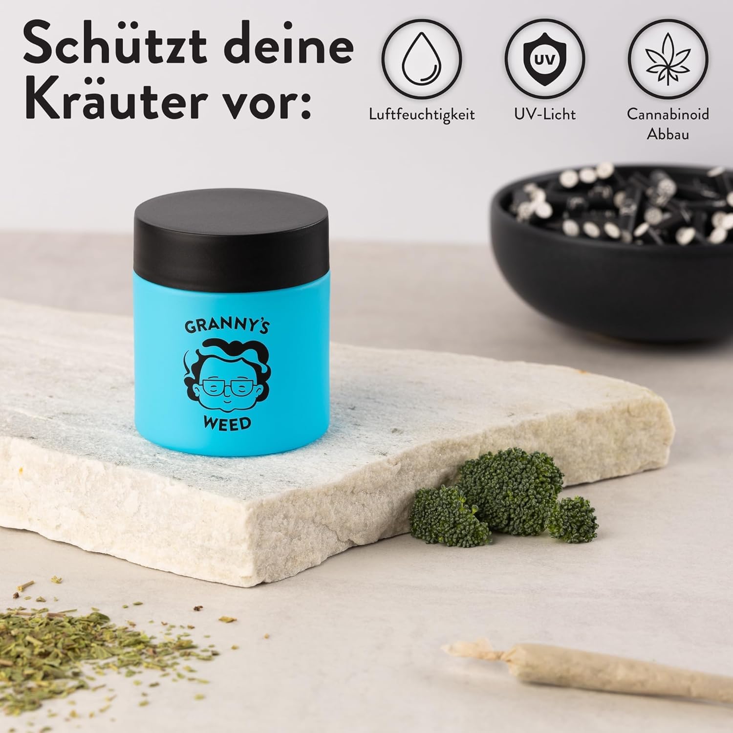 Granny's® Premium Stash Jar | Omas Kräuterglas | Bis zu 8 Gramm Fassungsvermögen | Blau | 100% Geruchsdicht | UV-Schutz Garantie | Geschenke Set | Mit Kindersicherung im Deckel | 120 ml | Wasserdicht