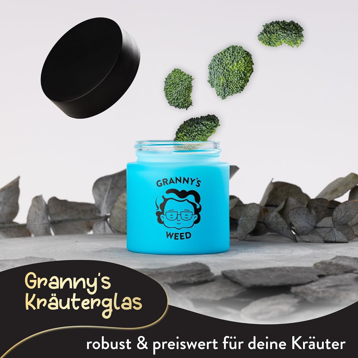 Granny's® Premium Stash Jar | Omas Kräuterglas | Bis zu 8 Gramm Fassungsvermögen | Blau | 100% Geruchsdicht | UV-Schutz Garantie | Geschenke Set | Mit Kindersicherung im Deckel | 120 ml | Wasserdicht