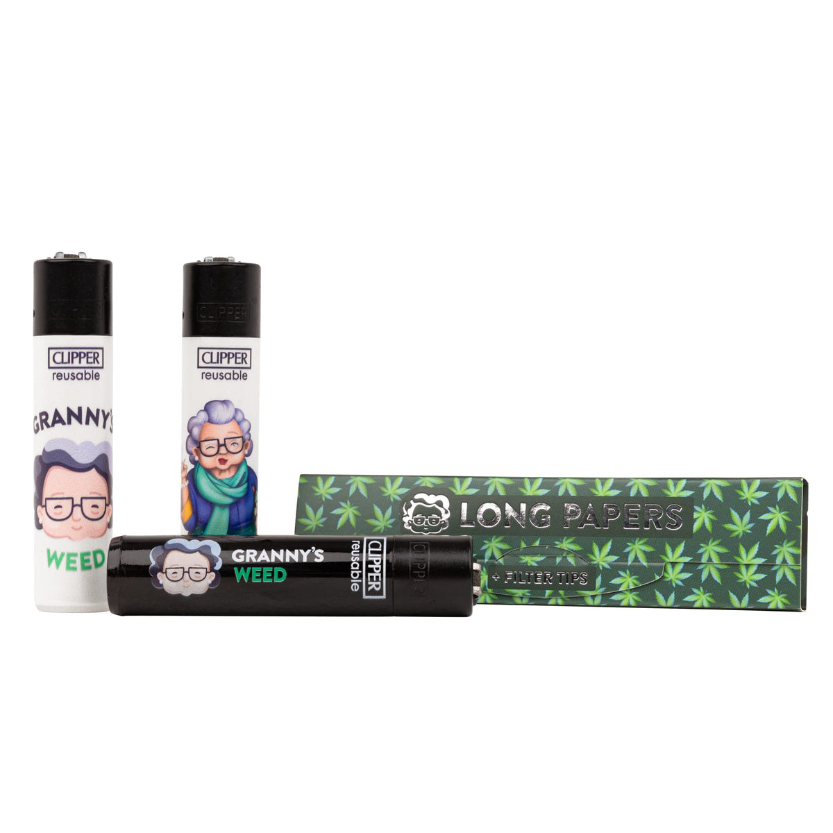 Granny's® Original Clipper Feuerzeuge Mix (3er Set) & EIN Long Papers mit Tips (36 Blättchen 108 x 45 mm und Filtertips) | Reusable Feuerzeuge | Limited Edition aus Nylon - Grannys Weed