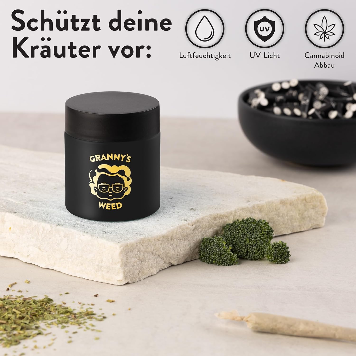 Granny's® Premium Stash Jar | Omas Kräuterglas | Bis zu 8 Gramm Fassungsvermögen | Schwarz|100% Geruchsdicht | UV-Schutz Garantie | Geschenke Set | Mit Kindersicherung im Deckel | 120 ml