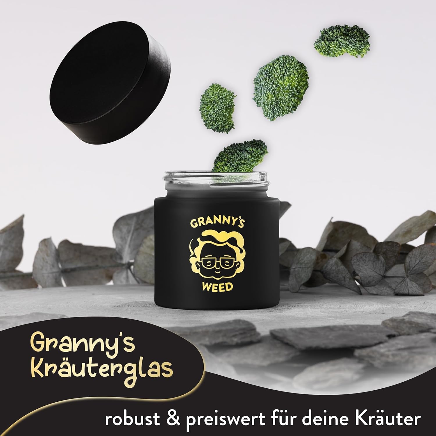 Granny's® Premium Stash Jar | Omas Kräuterglas | Bis zu 8 Gramm Fassungsvermögen | Schwarz|100% Geruchsdicht | UV-Schutz Garantie | Geschenke Set | Mit Kindersicherung im Deckel | 120 ml