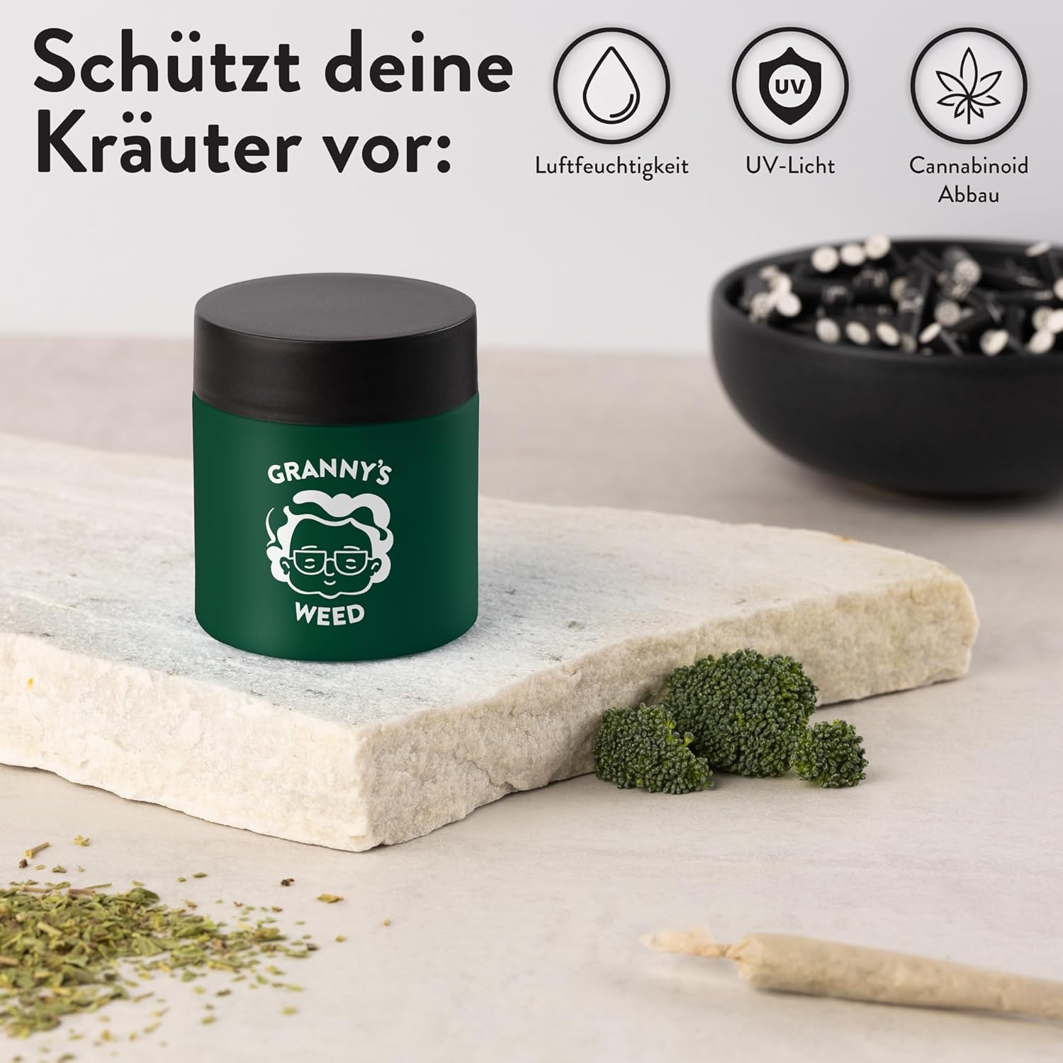 Granny's® Premium Stash Jar | Omas Kräuterglas | Bis zu 8 Gramm Fassungsvermögen | Grün | 100% Geruchsdicht | UV-Schutz Garantie | Geschenke-Set | Mit Kindersicherung im Deckel | 120 ml | Brokkoliglas