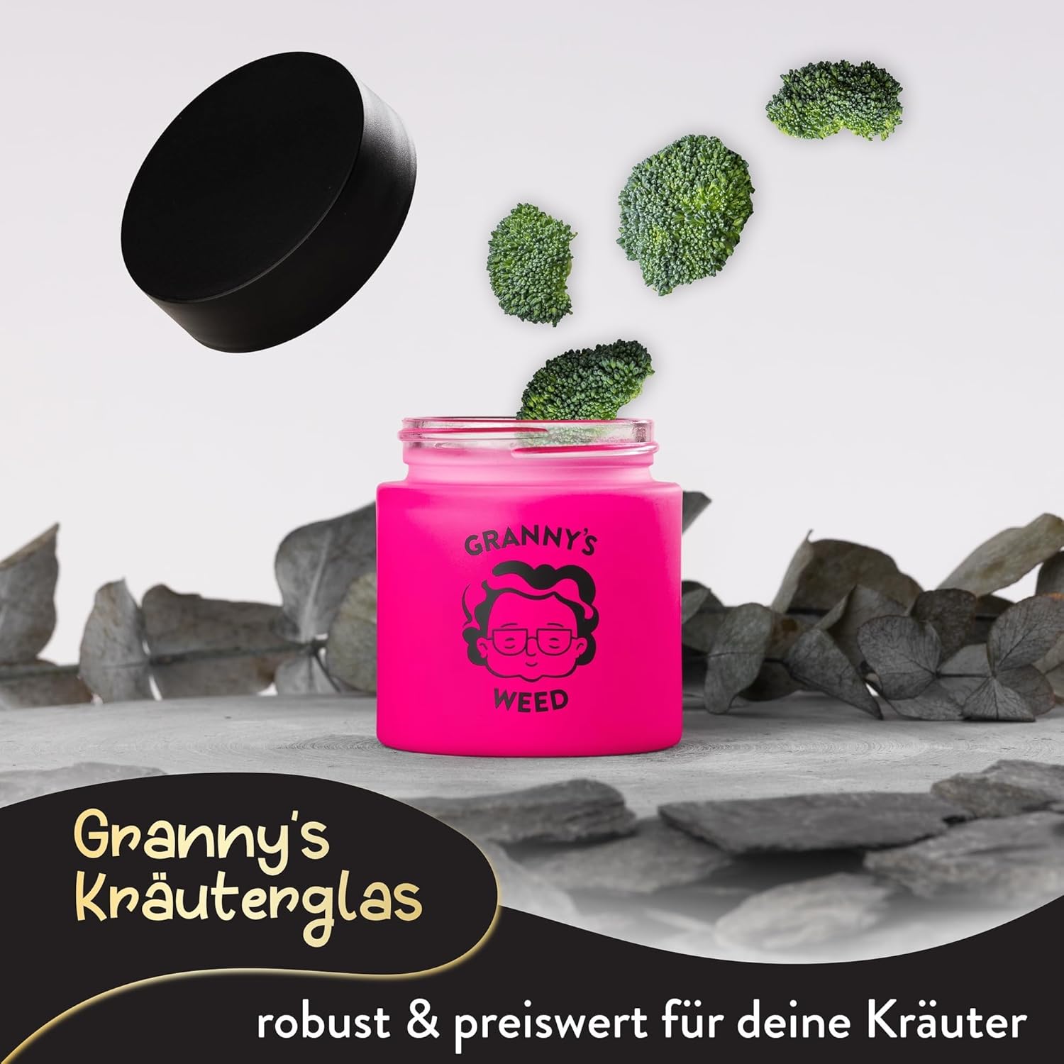 Granny's® Premium Stash Jar | Omas Kräuterglas | Bis zu 8 Gramm Fassungsvermögen | Pink | 100% Geruchsdicht | UV-Schutz Garantie | Geschenke-Set | Mit Kindersicherung im Deckel | 120 ml | Brokkoliglas