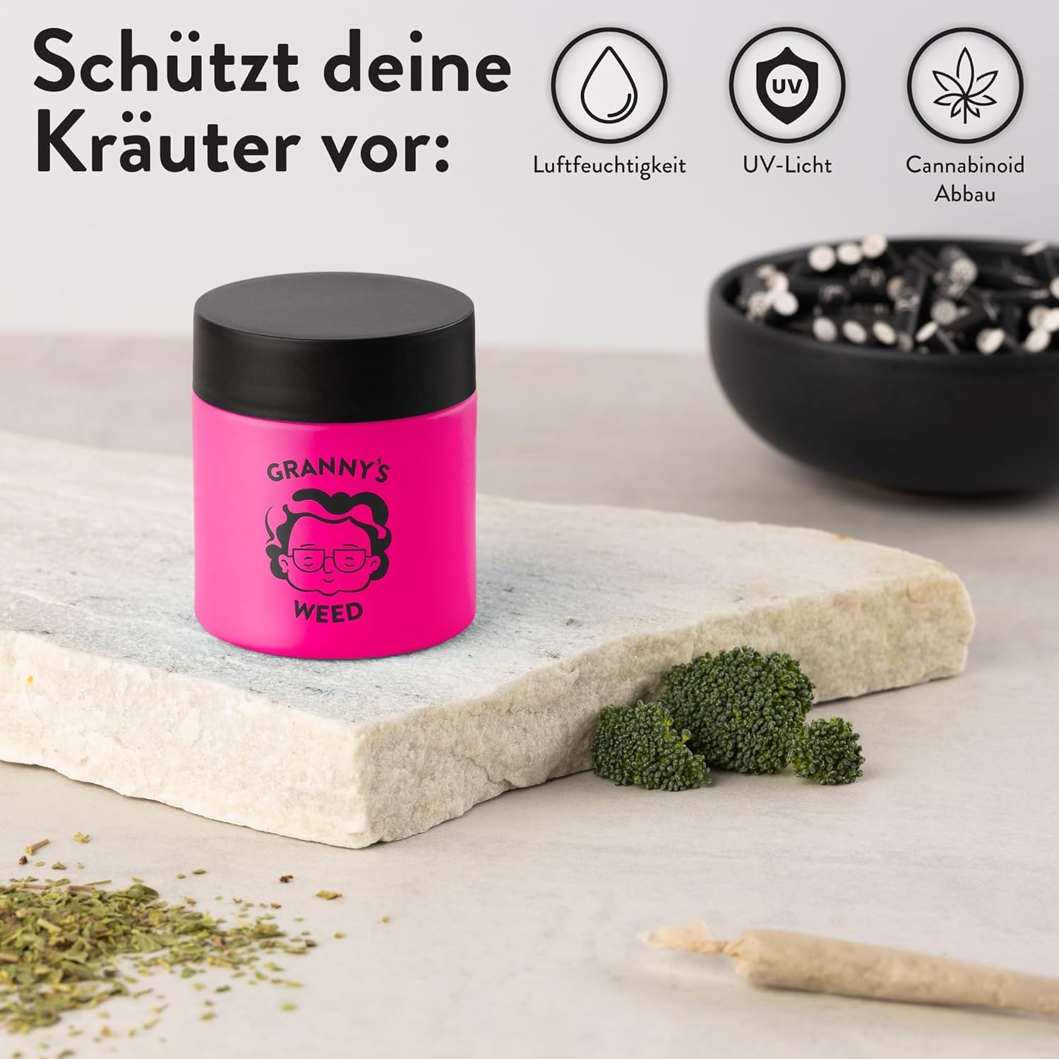 Granny's® Premium Stash Jar | Omas Kräuterglas | Bis zu 8 Gramm Fassungsvermögen | Pink | 100% Geruchsdicht | UV-Schutz Garantie | Geschenke-Set | Mit Kindersicherung im Deckel | 120 ml | Brokkoliglas