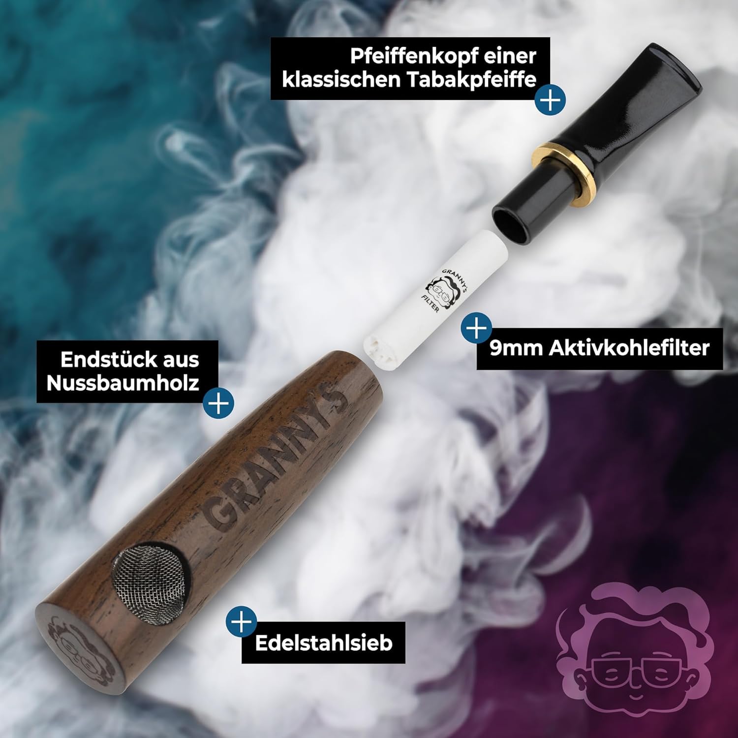 Granny's Premium Holzpfeife & Purpfeife mit 9mm Aktivkohlefilter - Grannys Weed