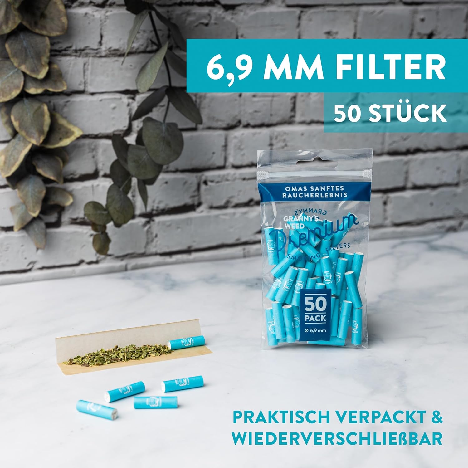 Granny's® Exclusive Aktivkohlefilter | 50x Ø 6.9 mm Filtertips | Aus veganer Kokosaktivkohle | 50 Stück in Blau | Kohlefilter für Selbstdreher