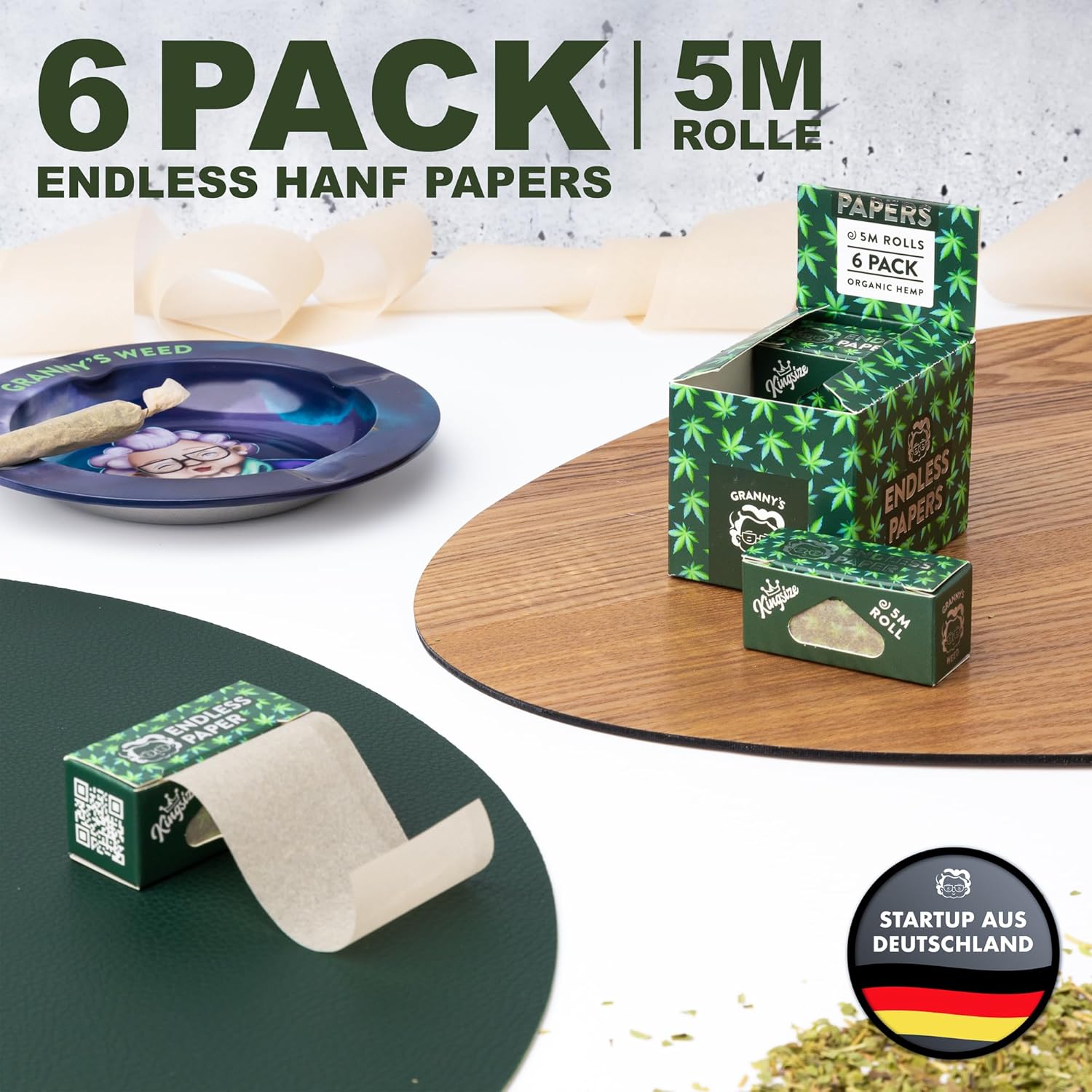 6x Granny's® Organic Hanf Endless Papers | 45 mm breit | 5 Meter pro Rolle | Aus Hanfpapier | Blättchen zum Drehen in individueller Länge | Natürlicher Roll Genuss | Drehfreiheit