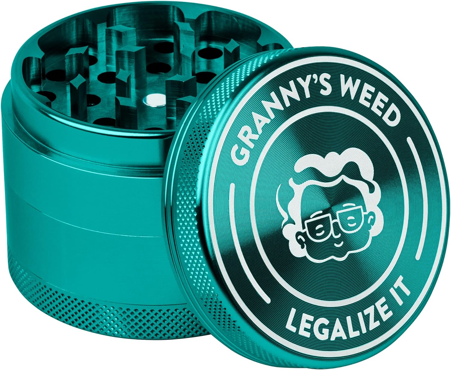 Granny‘s Premium Aluminium Grinder | messerscharfes Mahlwerk | ∅ 5,5 cm | 4-teilig | inkl. Pollenschieber | Kräutermühle in Gras Grün u. weiteren edlen Designs - Grannys Weed