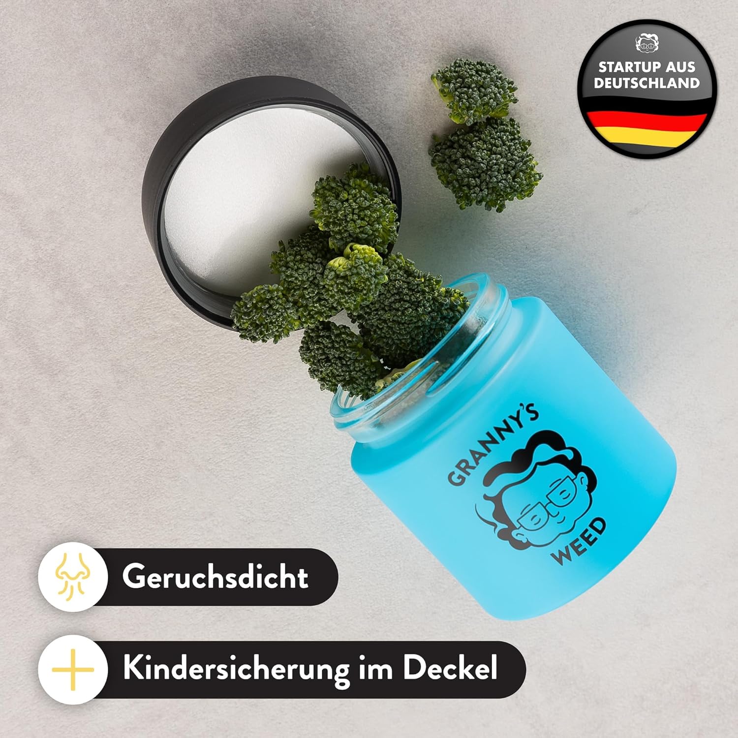 Granny's® Premium Stash Jar | Omas Kräuterglas | Bis zu 8 Gramm Fassungsvermögen | Blau | 100% Geruchsdicht | UV-Schutz Garantie | Geschenke Set | Mit Kindersicherung im Deckel | 120 ml | Wasserdicht