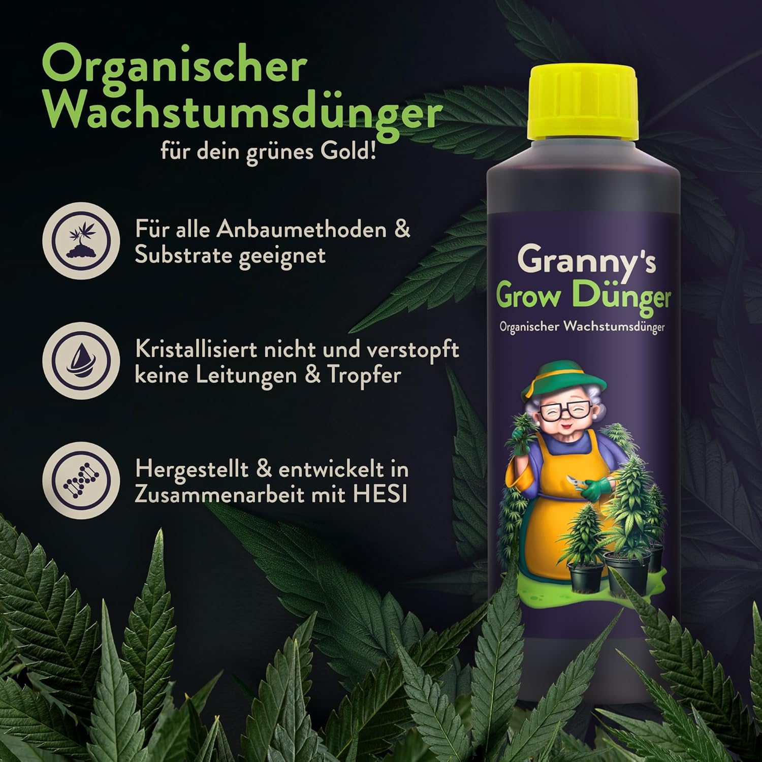 GRANNY’S Organischer-Grow-Dünger I Flüssigdünger für alle Wachstumsphasen der Hanfpflanze I Omas Bio-Dünger I Einfach und effektiv Düngen I Für Indoor & Outdooranbau I 500ml - Grannys Weed