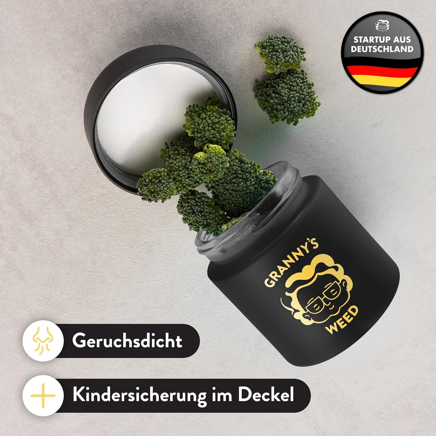 Granny's® Premium Stash Jar | Omas Kräuterglas | Bis zu 8 Gramm Fassungsvermögen | Schwarz|100% Geruchsdicht | UV-Schutz Garantie | Geschenke Set | Mit Kindersicherung im Deckel | 120 ml