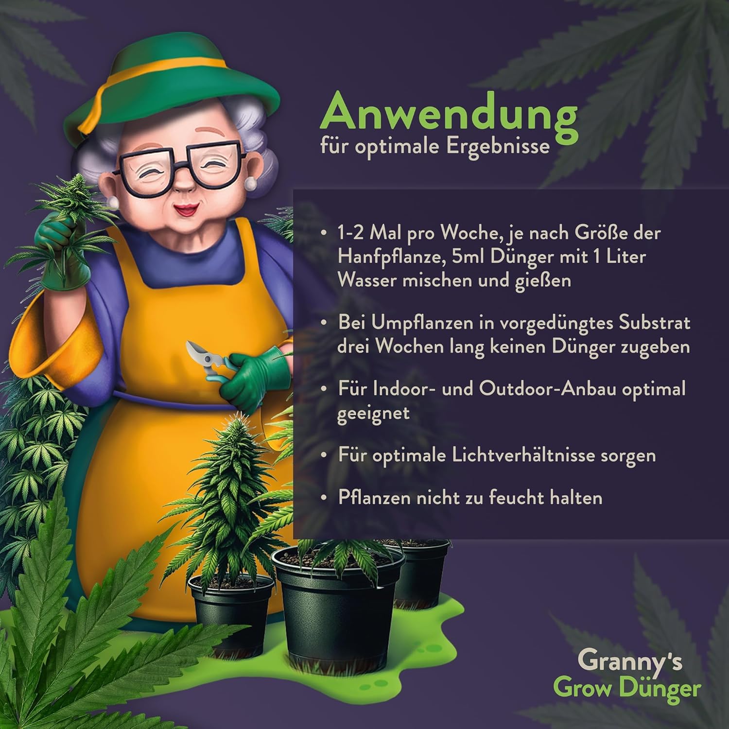 GRANNY’S Organischer-Grow-Dünger I Flüssigdünger für alle Wachstumsphasen der Hanfpflanze I Omas Bio-Dünger I Einfach und effektiv Düngen I Für Indoor & Outdooranbau I 500ml