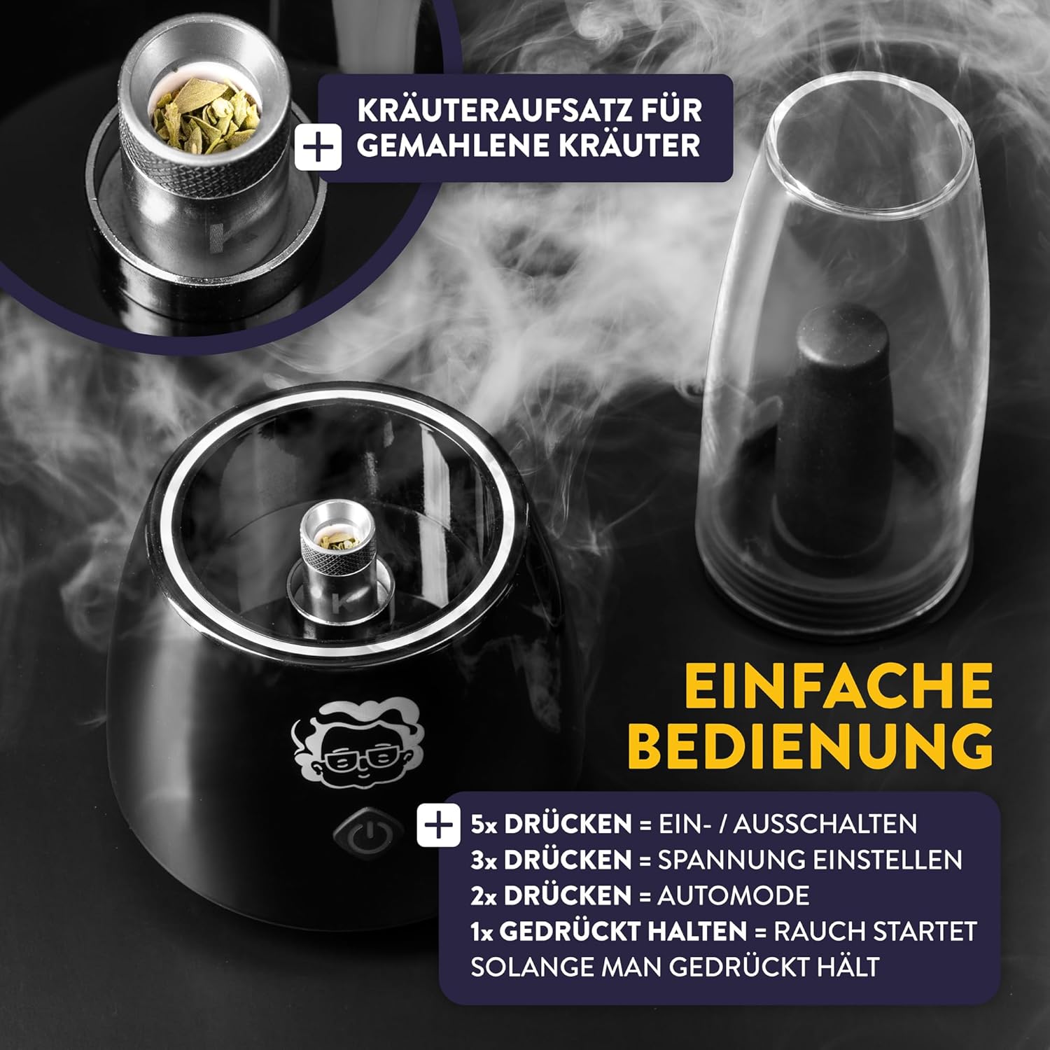 Grannys® Kräuter-Rauchglas | Edles Glas mit LED-Beleuchtung | Für Blüten, Wax, Carts | Ultimatives Erlebnis | Verdampfer für Wax | Elektrobong für Kräuter | Kein Nikotin | Vapo-Bong