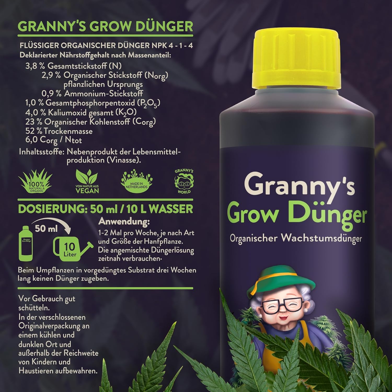 GRANNY’S Organischer-Grow-Dünger I Flüssigdünger für alle Wachstumsphasen der Hanfpflanze I Omas Bio-Dünger I Einfach und effektiv Düngen I Für Indoor & Outdooranbau I 500ml - Grannys Weed