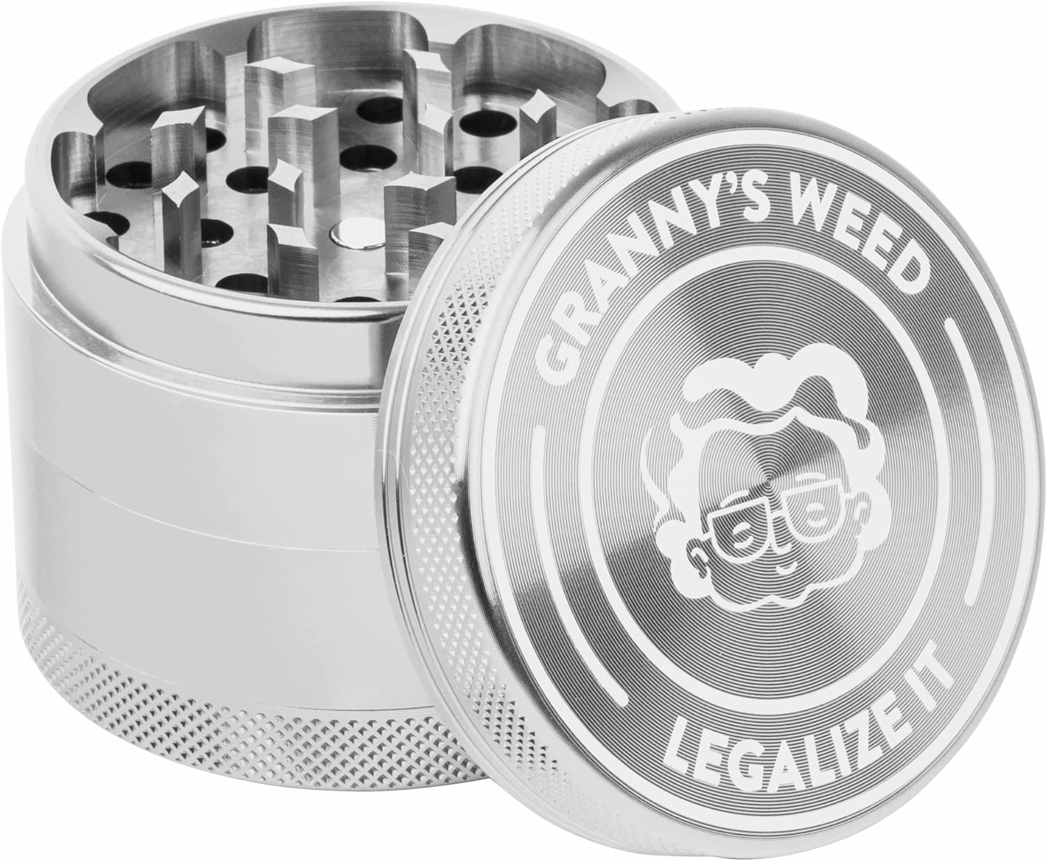 Granny‘s ® Premium Aluminium Grinder | messerscharfes Mahlwerk | ∅ 6,3 cm | 4-teilig | inkl. Pollenschieber | Kräutermühle in Grün | Geschenkset Grinder