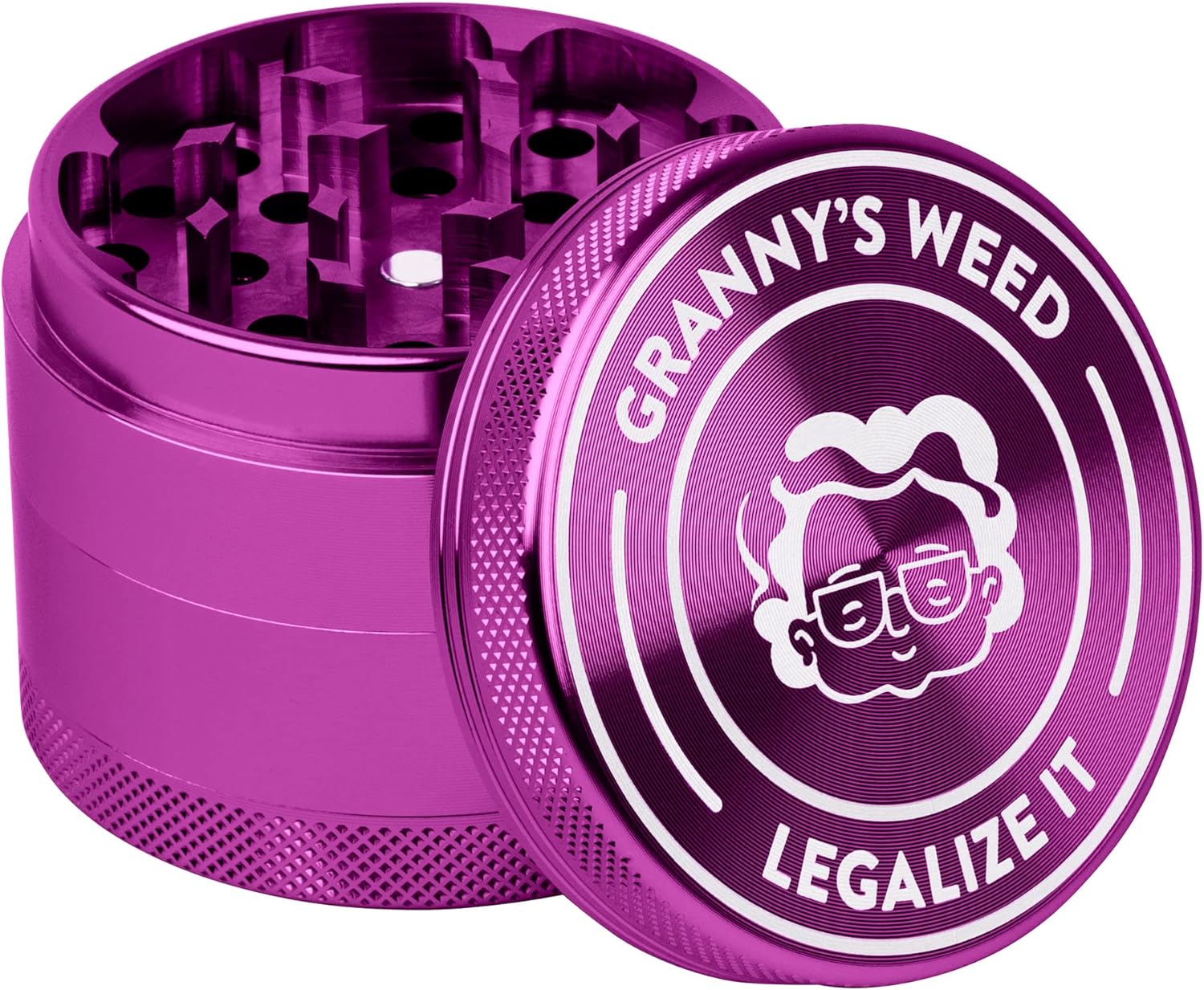 Granny‘s Premium Aluminium Grinder | messerscharfes Mahlwerk | ∅ 5,5 cm | 4-teilig | inkl. Pollenschieber | Kräutermühle in Gras Grün u. weiteren edlen Designs