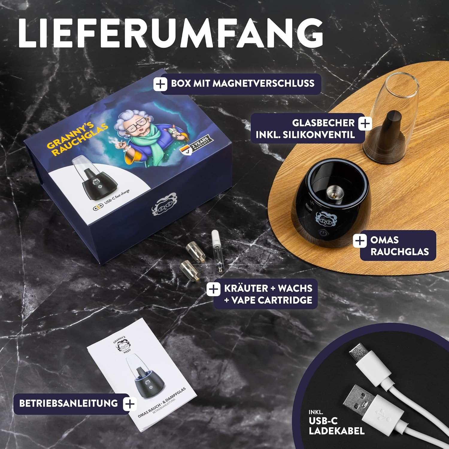 Grannys® Kräuter-Rauchglas | Edles Glas mit LED-Beleuchtung | Für Blüten, Wax, Carts | Ultimatives Erlebnis | Verdampfer für Wax | Elektrobong für Kräuter | Kein Nikotin | Vapo-Bong