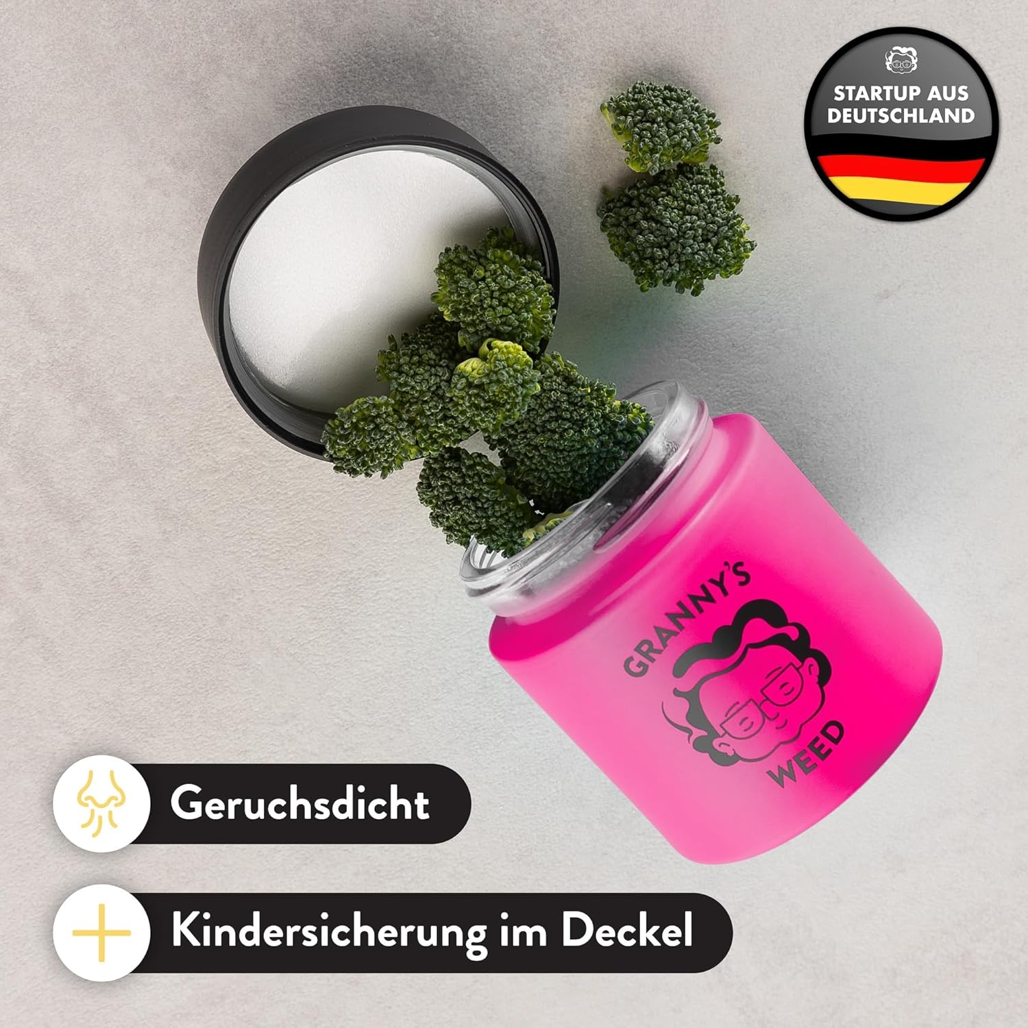 Granny's® Premium Stash Jar | Omas Kräuterglas | Bis zu 8 Gramm Fassungsvermögen | Pink | 100% Geruchsdicht | UV-Schutz Garantie | Geschenke-Set | Mit Kindersicherung im Deckel | 120 ml | Brokkoliglas