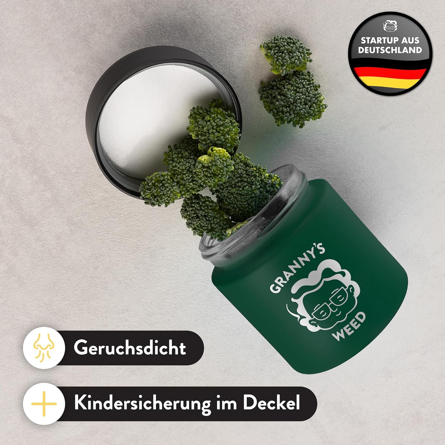 Granny's® Premium Stash Jar | Omas Kräuterglas | Bis zu 8 Gramm Fassungsvermögen | Grün | 100% Geruchsdicht | UV-Schutz Garantie | Geschenke-Set | Mit Kindersicherung im Deckel | 120 ml | Brokkoliglas