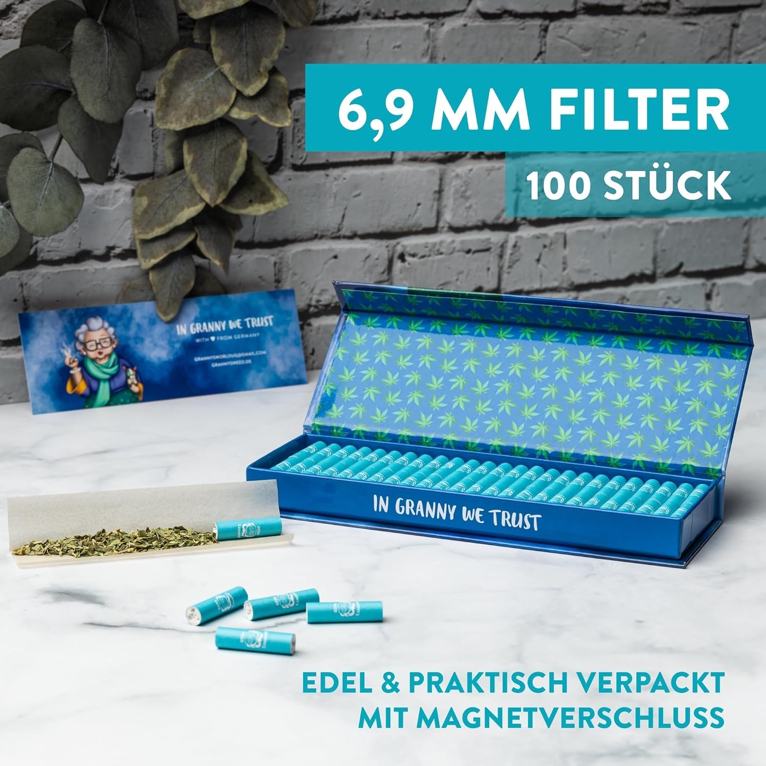 Granny's® Exclusive Aktivkohlefilter | 100x Ø 6.9 mm Filtertips | Aus veganer Kokosaktivkohle | 100 Stück in Blau in hochwertiger Magnetverpackung | Kohlefilter für Selbstdreher