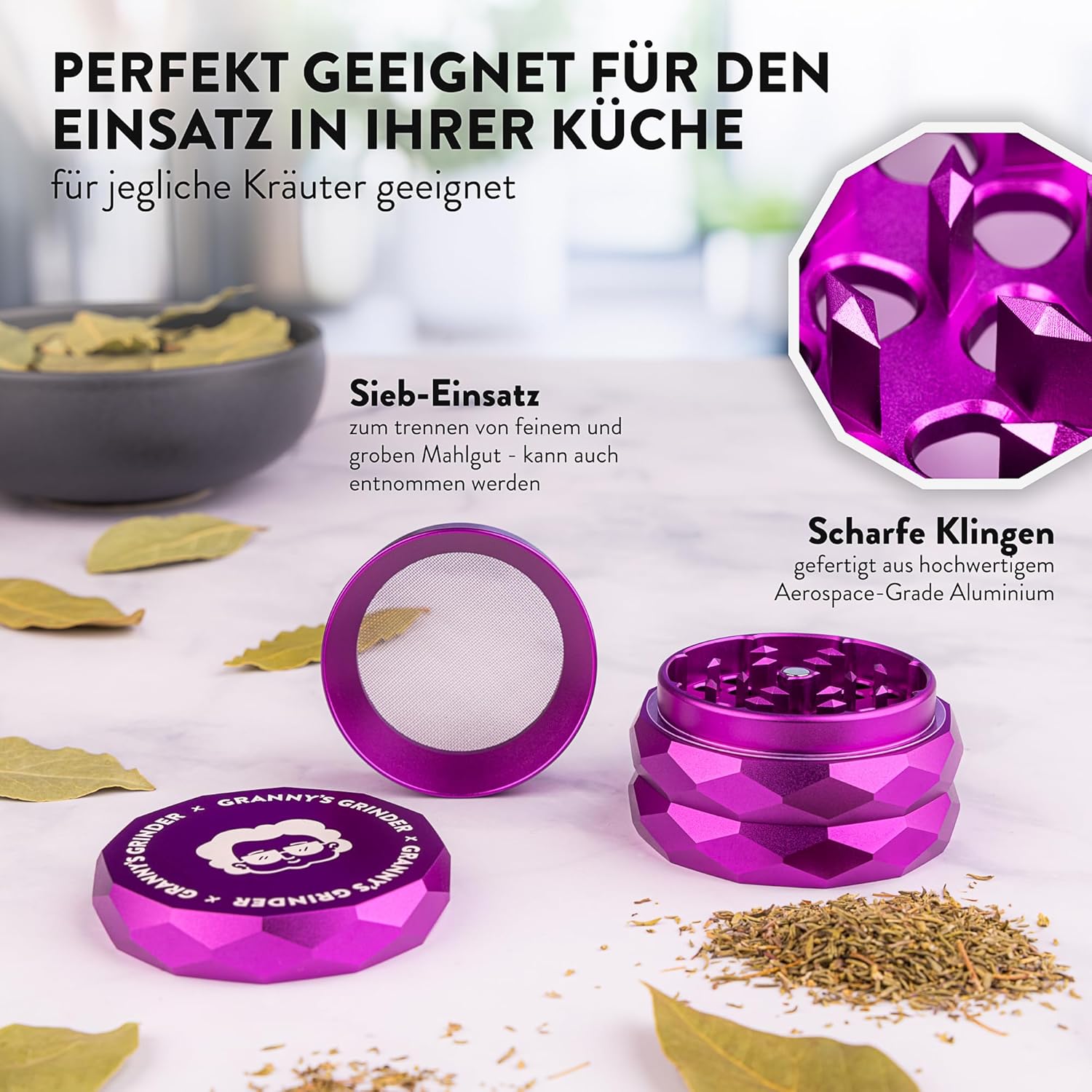 Granny's® Premium Aluminium Kräutermühle | messerscharfes Mahlwerk | ∅ 5,5 cm | 4-teilig mit Sieb zum Herausnehmen | inkl. Pollenschieber | Kräutermühle in Lila u. weiteren edlen Designs - Grannys Weed