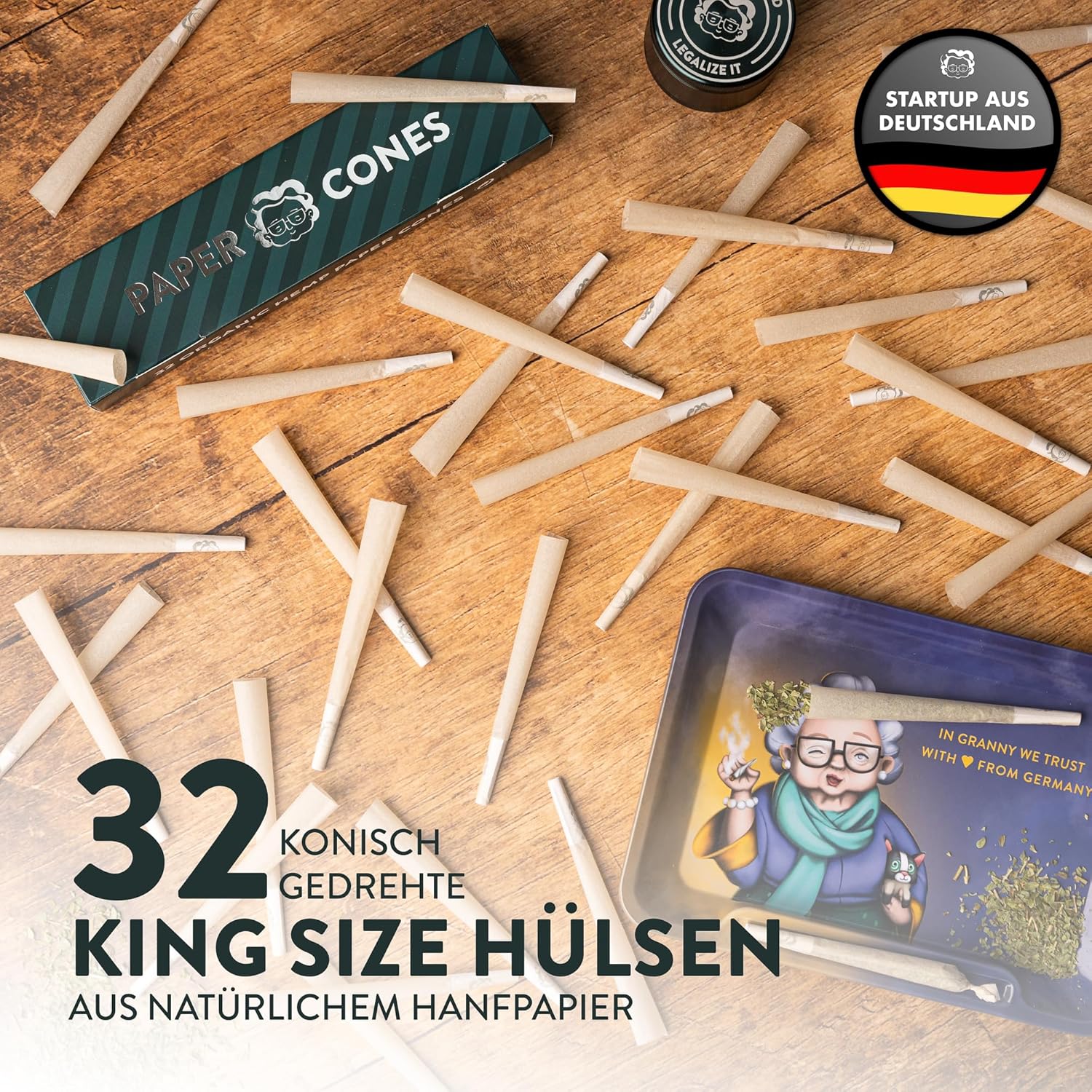 Granny's® Premium Cones 2 x 32 Stück | 109mm King Size Hülsen | Konisch gedreht | Aus Hanfpapier | Vorgerollte Kegeltüten | Fertig zum Befüllen - Grannys Weed