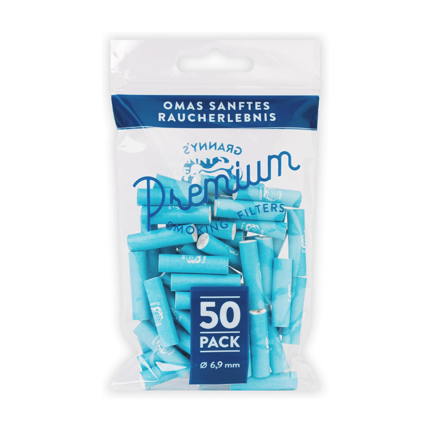 Granny's® Exclusive Aktivkohlefilter | 50x Ø 6.9 mm Filtertips | Aus veganer Kokosaktivkohle | 50 Stück in Blau | Kohlefilter für Selbstdreher - Grannys Weed