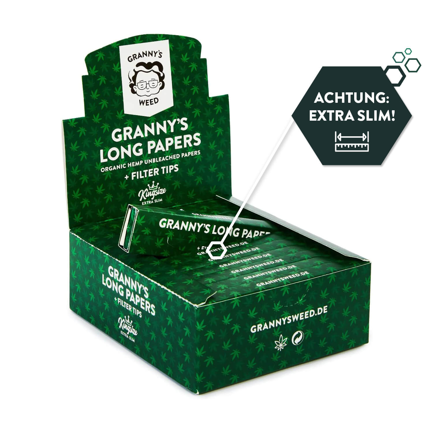 Granny's Organic Extra Slim Long Papers | mit Filtertips | aus Hanf 36 mm | Grün - Grannys Weed