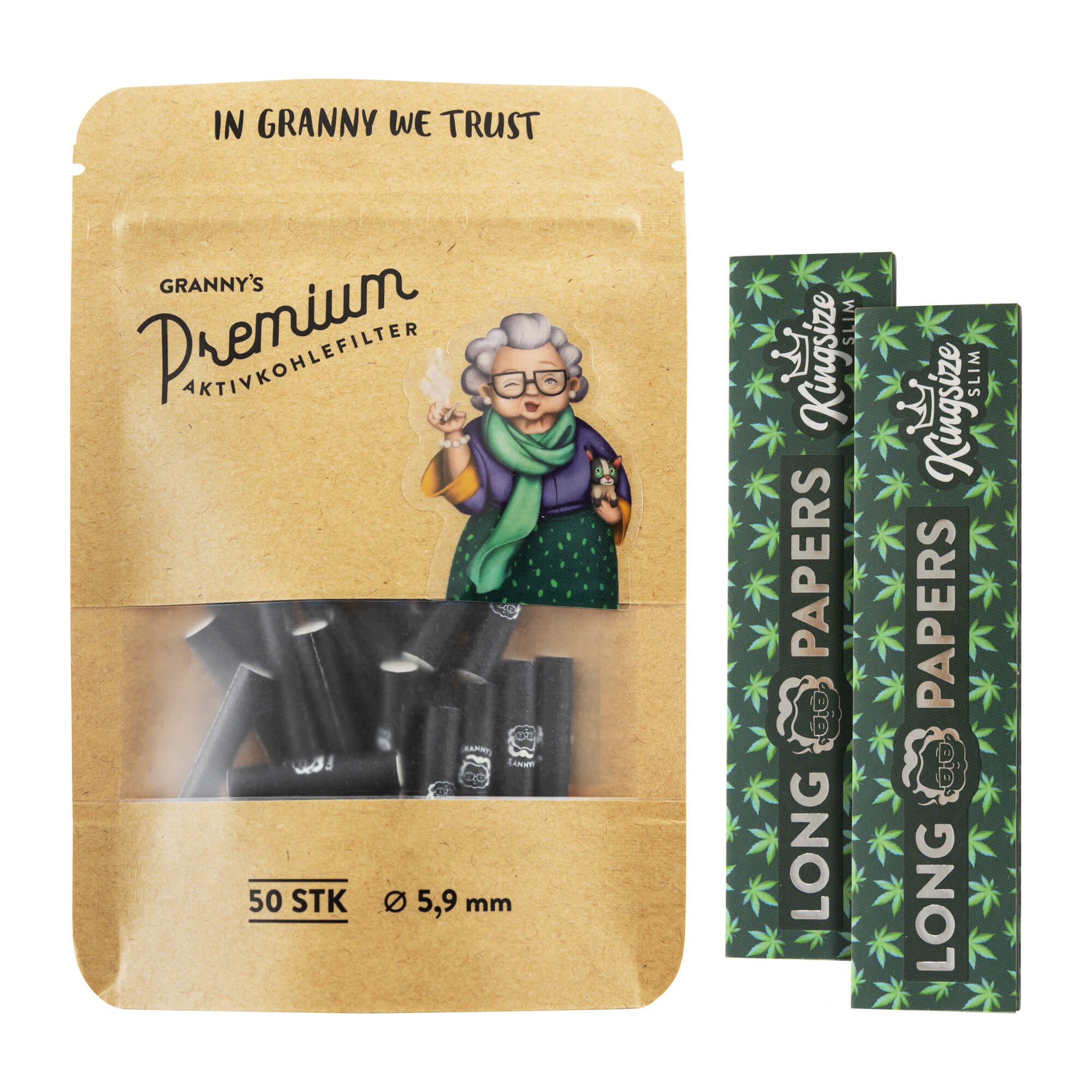 Slim Aktivkohlefilter 5,9 mm & 2 Hanf Long Papers – 50 Stück Set - Grannys Weed
